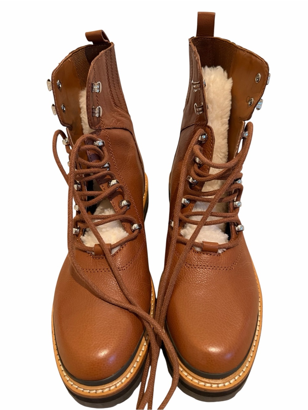 Marc Fisher Tan Brown Leather Lace-Up Shearling Ankle Boots